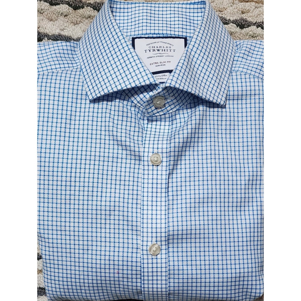 Charles Tyrwhitt Men's Blue Check Extra Slim Fit Non-Iron Dress Shirt Size 15.5